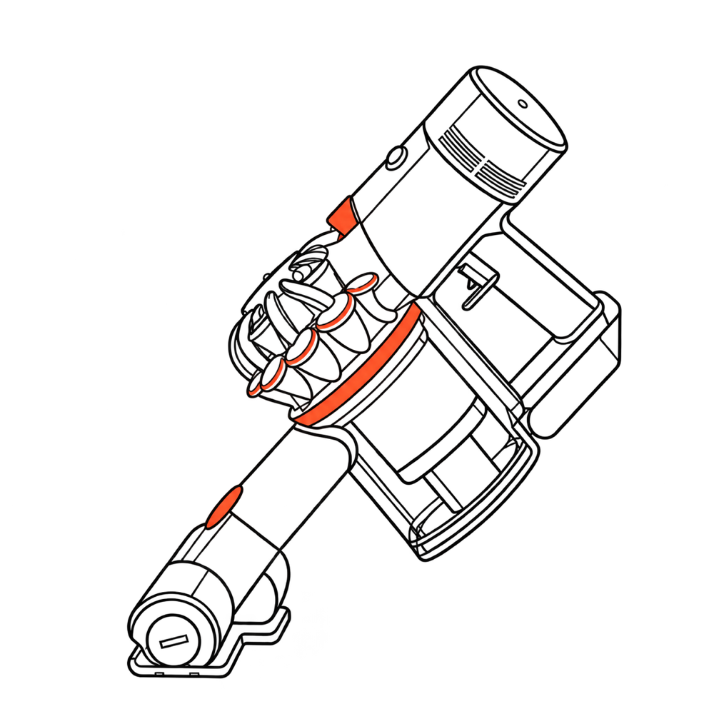 Line drawing of a cordless vacuum cleaner with coral highlights