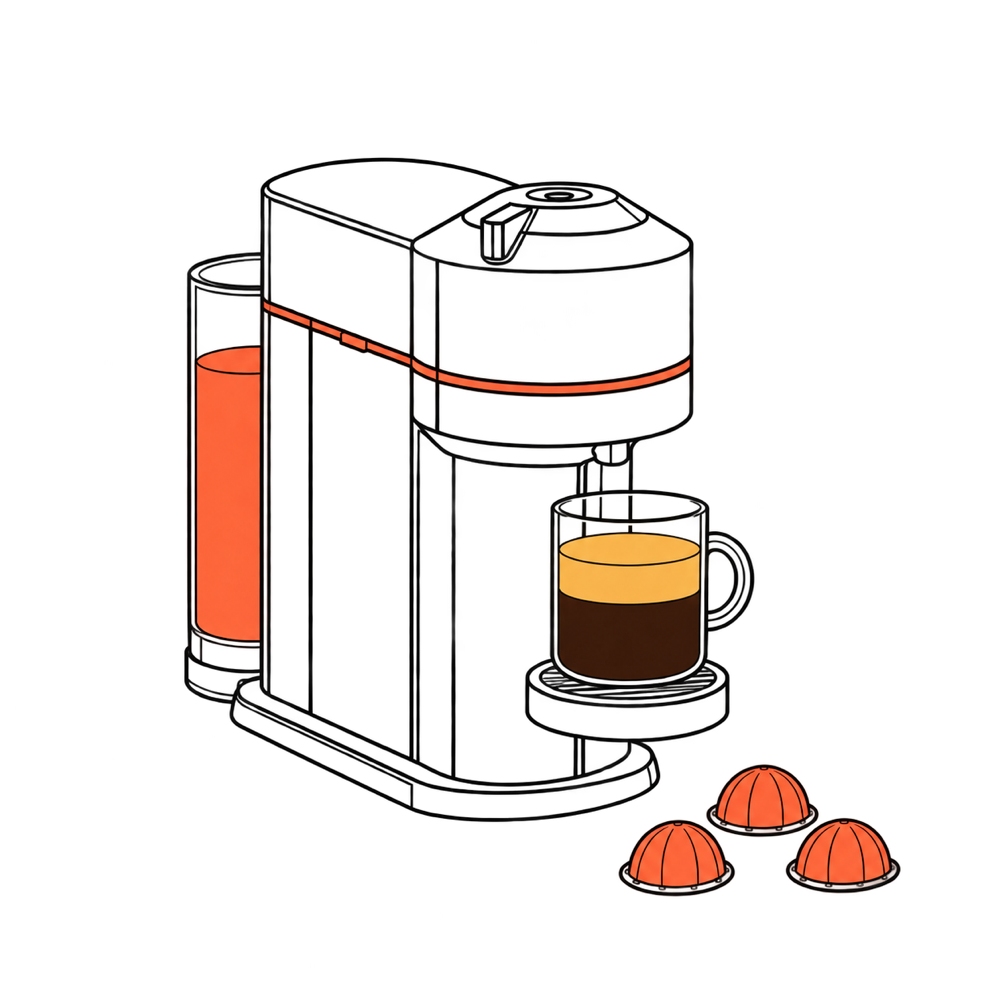 Line drawing of a capsule coffee machine with a glass of espresso and three coral capsules