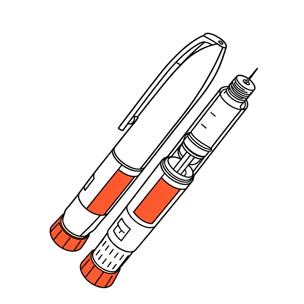 Line drawing of two injector pens, one shown in cutaway, with coral caps
